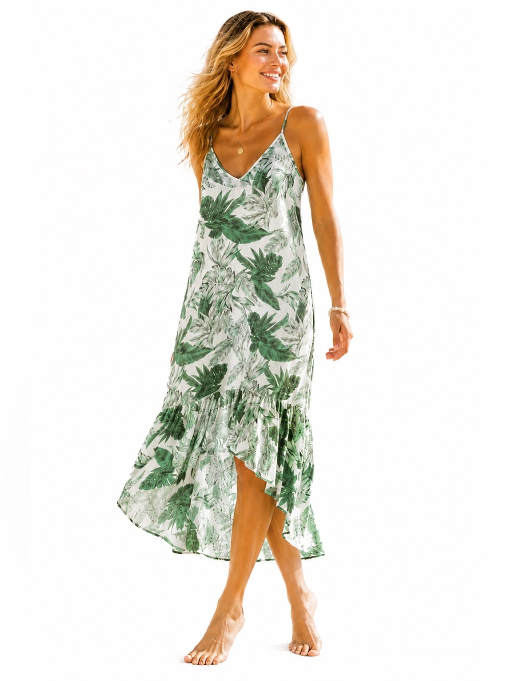 🌺 Umgee Tropical Palm Print High-Low Midi Dress